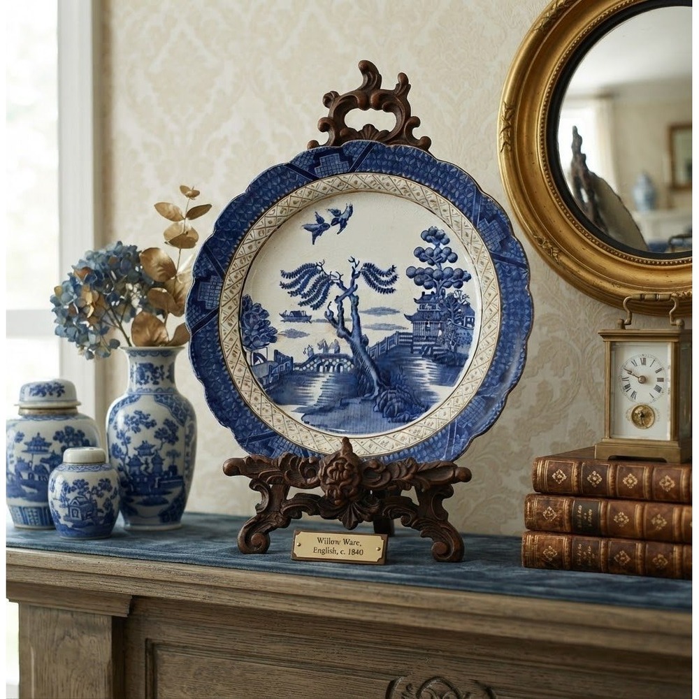 Booths Real Old Willow Blue Willow Dinner Plate Scalloped Gold Trim England 8.5" - Picture 2 of 8